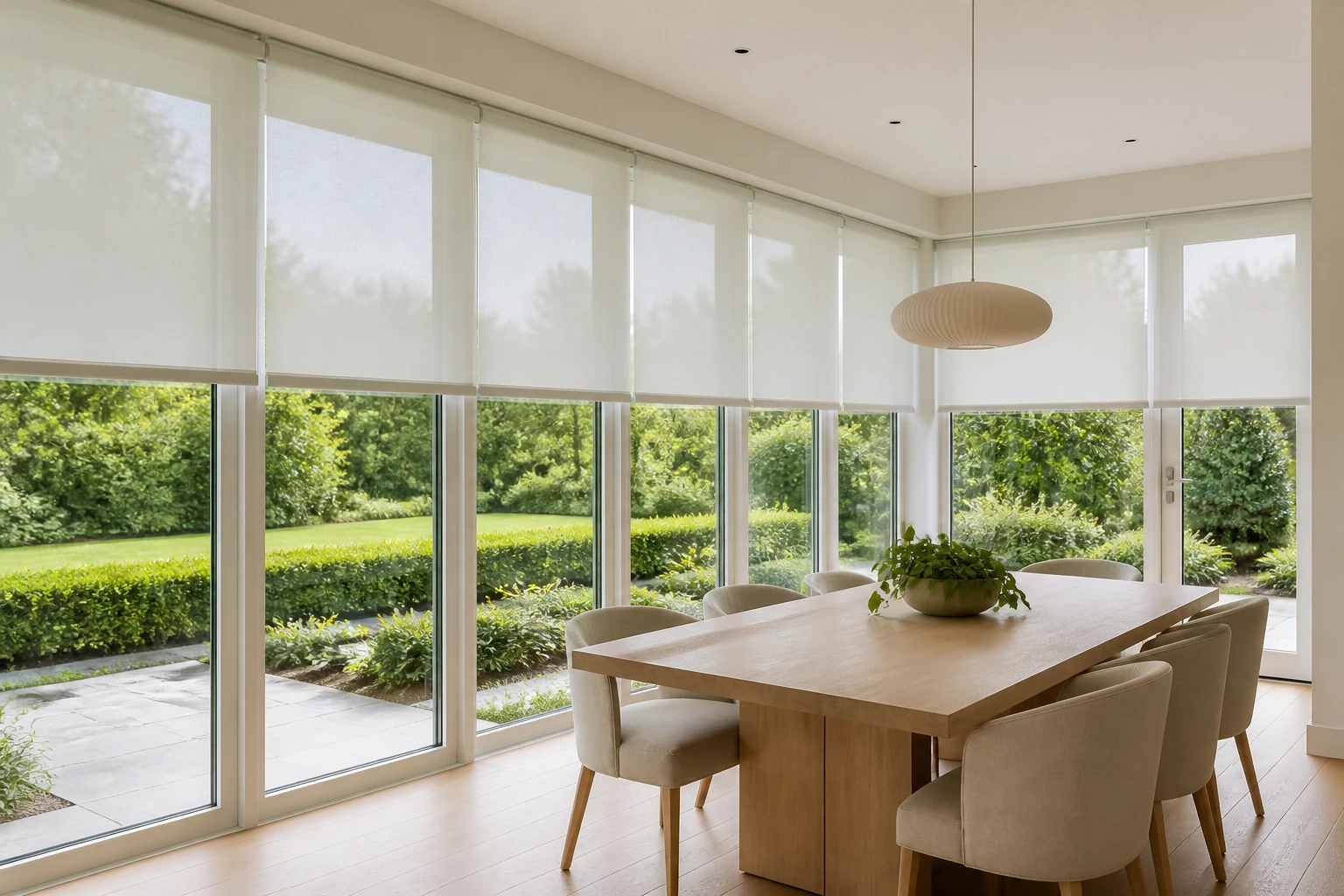 Roller blinds installed in a dining room